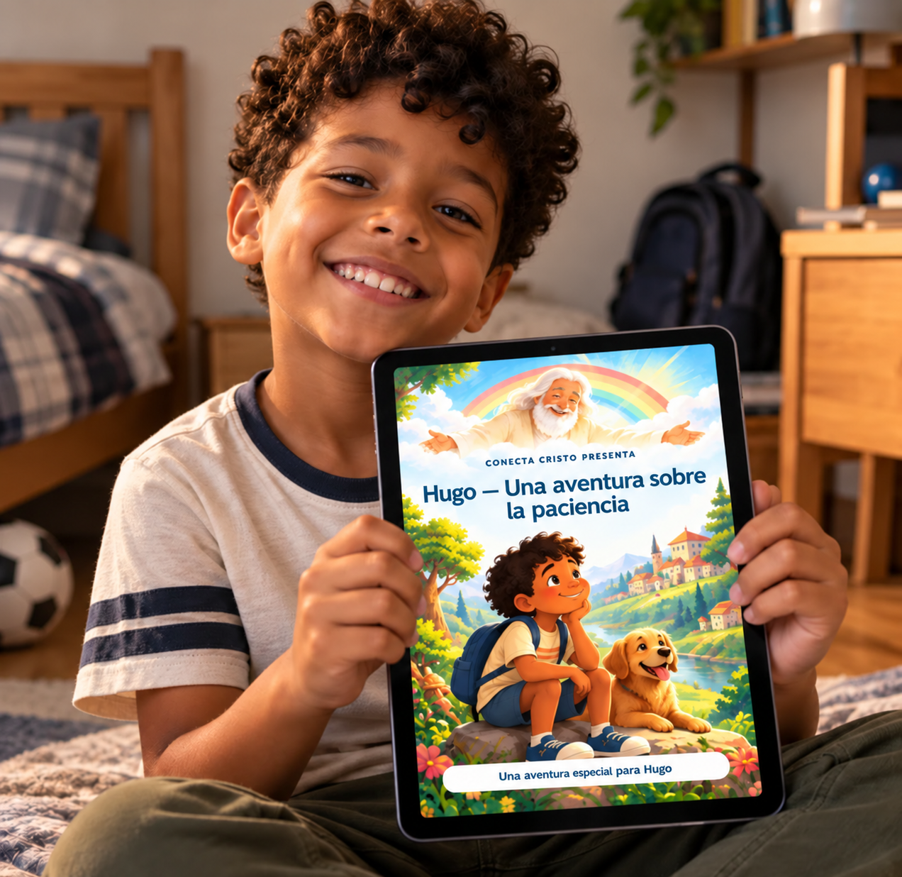 Niño mostrando el cuento Hugo — Una aventura sobre la paciencia