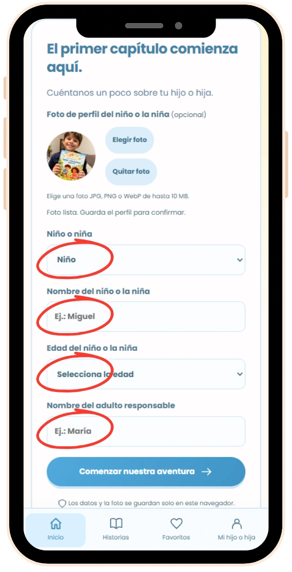 Perfil del niño con los campos de género, nombre, edad y adulto responsable destacados