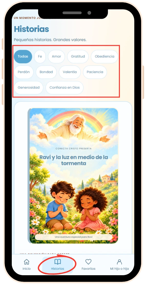Pestaña Historias con los diez valores cristianos destacados