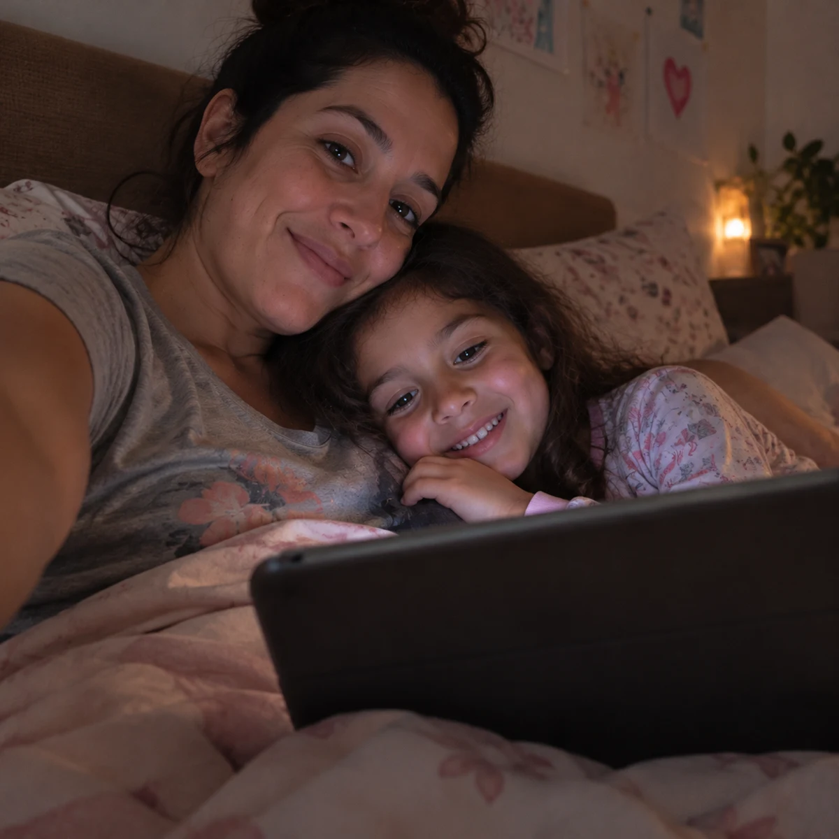 Mamá e hija leyendo antes de dormir