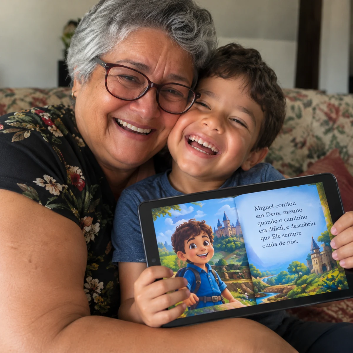 Abuela y nieto leyendo juntos en una tablet